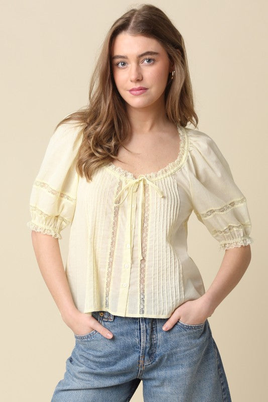 Kim Tie-front Pintuck Cotton Butter Yellow Blouse