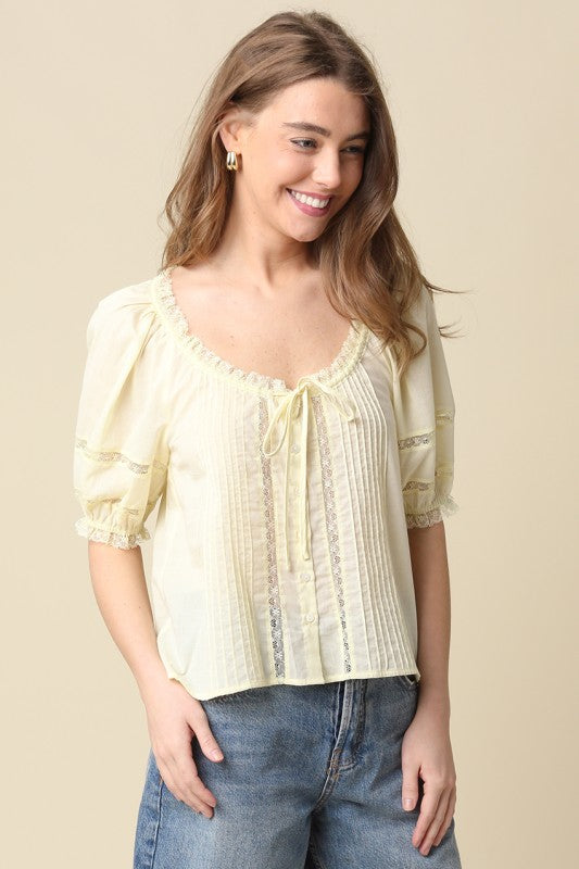 Kim Tie-front Pintuck Cotton Butter Yellow Blouse