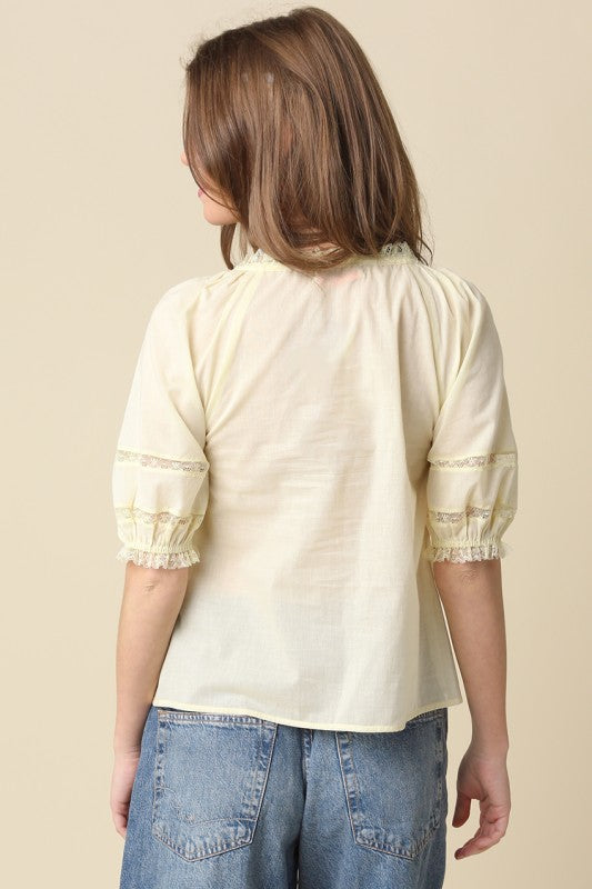 Kim Tie-front Pintuck Cotton Butter Yellow Blouse