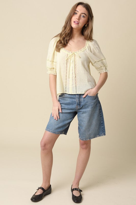 Kim Tie-front Pintuck Cotton Butter Yellow Blouse