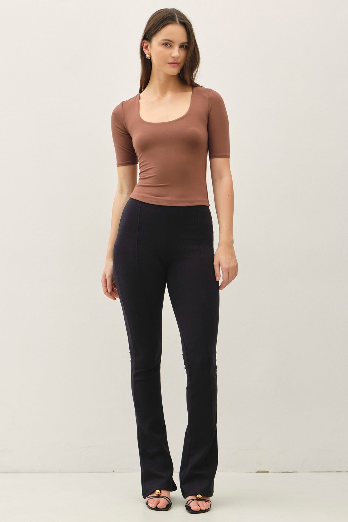 Soft Double Layer Short Sleeve Cropped Top Brown