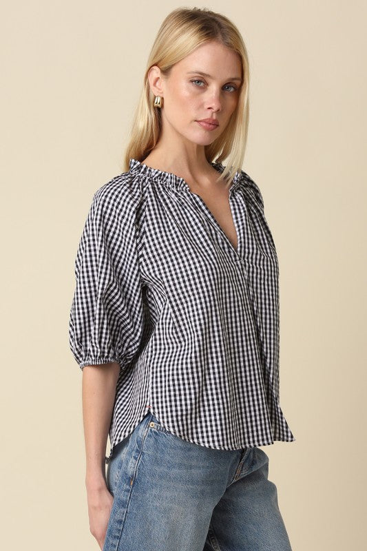 Morgan Gingham Puff-sleeve Shirt