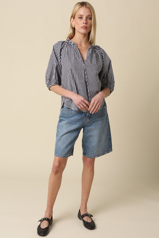 Morgan Gingham Puff-sleeve Shirt