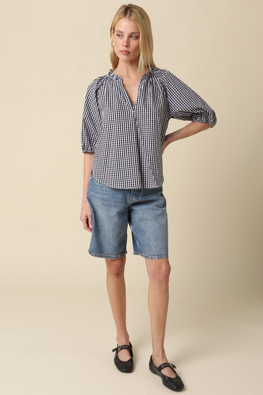 Morgan Gingham Puff-sleeve Shirt