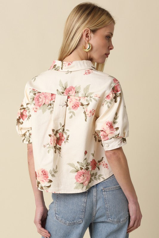 Carlie Floral Puff-sleeve Button Top