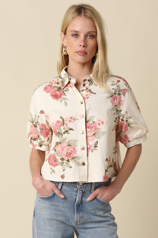 Carlie Floral Puff-sleeve Button Top