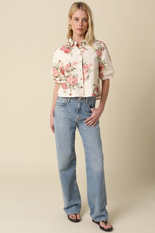 Carlie Floral Puff-sleeve Button Top
