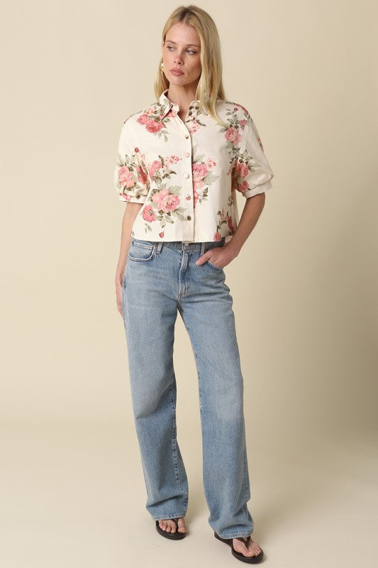 Carlie Floral Puff-sleeve Button Top