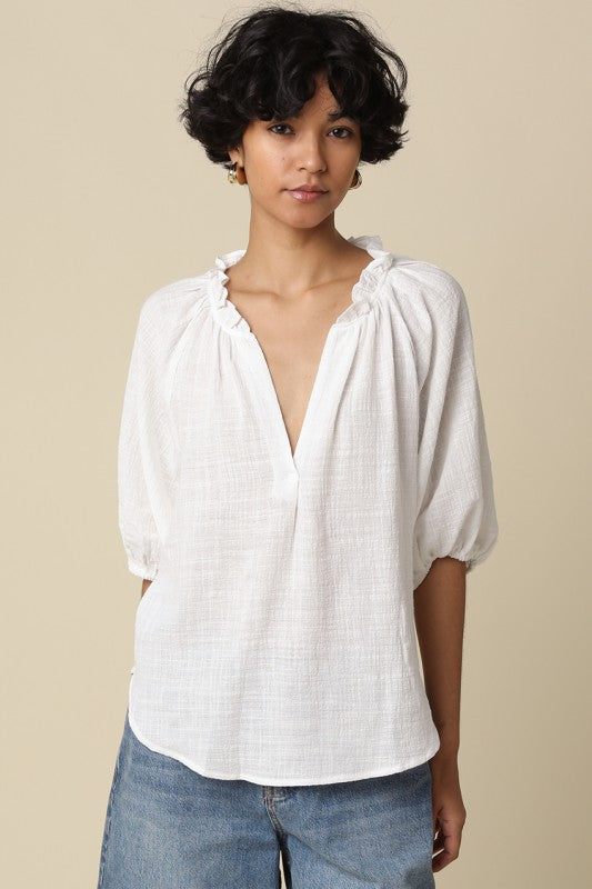 Kimberly Puff-sleeve Cotton  V-neck Blouse White