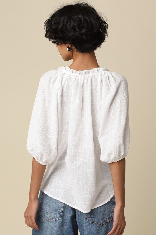 Kimberly Puff-sleeve Cotton  V-neck Blouse White