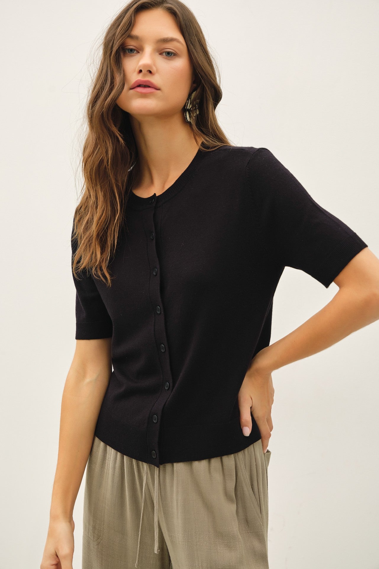 Layla Basic Crew Neck Short Sleeve Cardigan Black