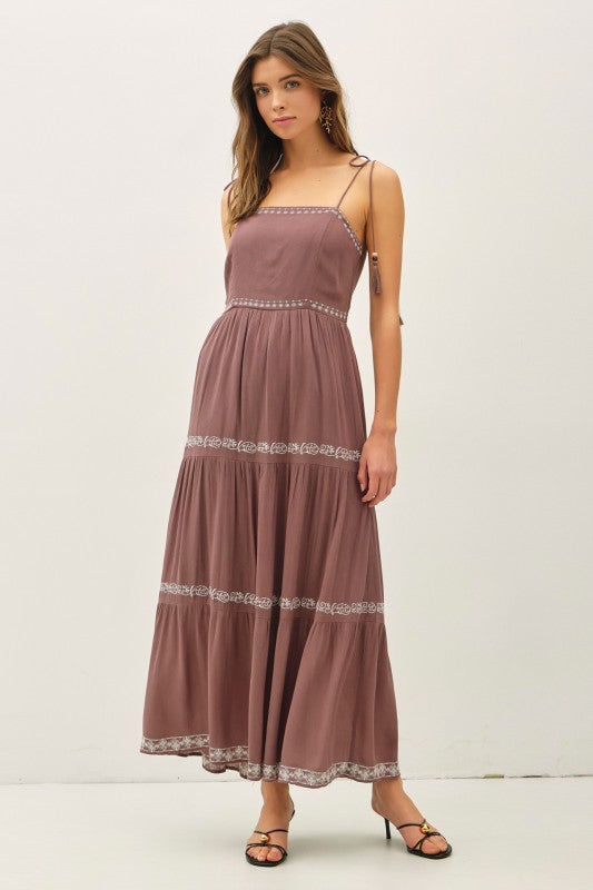 Dawn Embroidery Tiered Maxi Sun Dress Brown