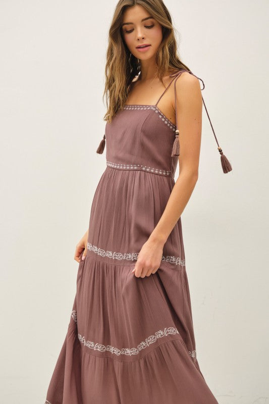 Dawn Embroidery Tiered Maxi Sun Dress Brown