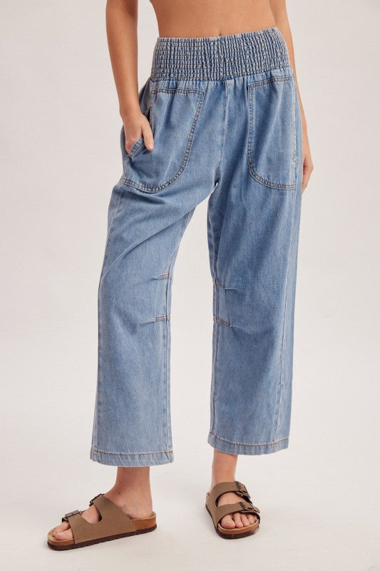 Wendy Wide Smocked Waistband Barrel Cotton Denim Pants