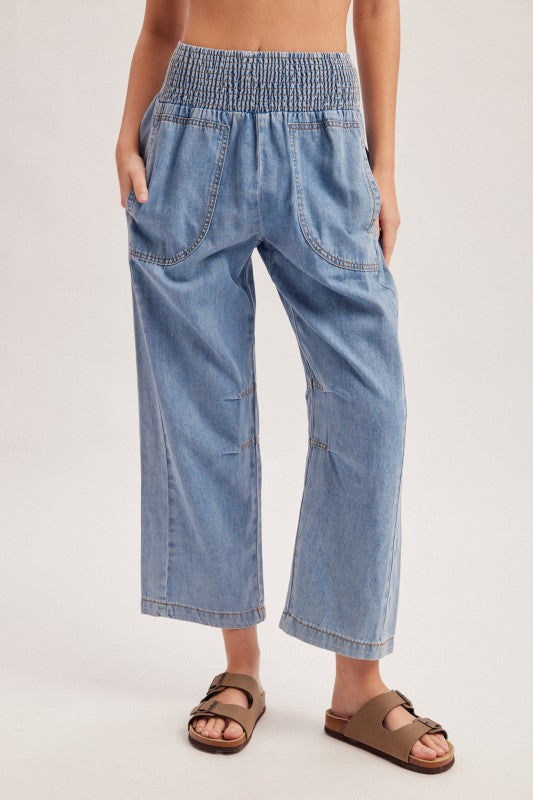 Wendy Wide Smocked Waistband Barrel Cotton Denim Pants