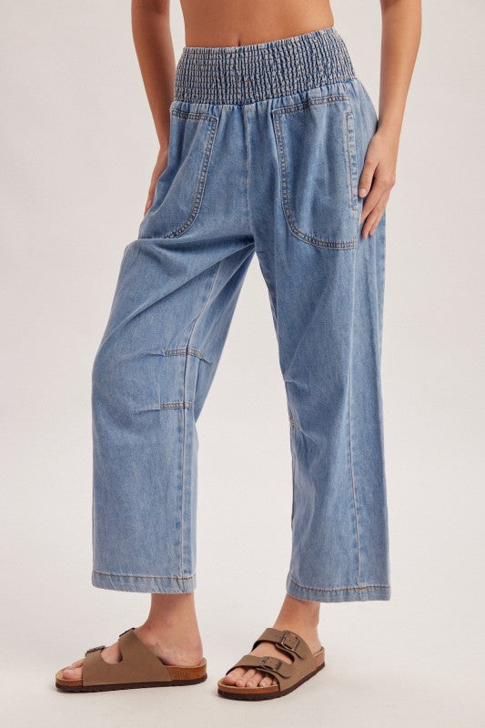 Wendy Wide Smocked Waistband Barrel Cotton Denim Pants