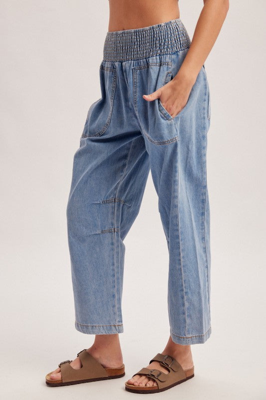 Wendy Wide Smocked Waistband Barrel Cotton Denim Pants