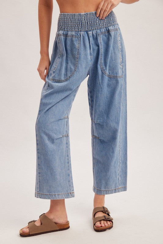 Wendy Wide Smocked Waistband Barrel Cotton Denim Pants