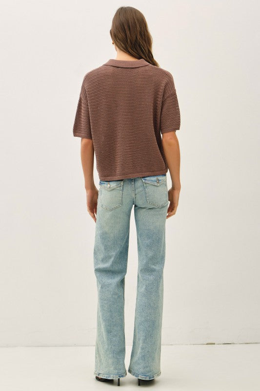 Morgan Boxy Crochet Cotton Button Up Sweater Shirt Coco Brown