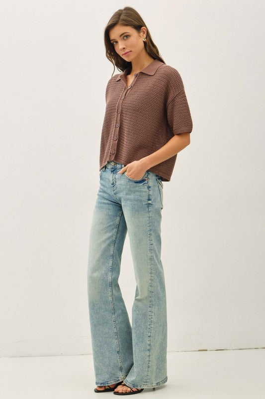 Morgan Boxy Crochet Cotton Button Up Sweater Shirt Coco Brown