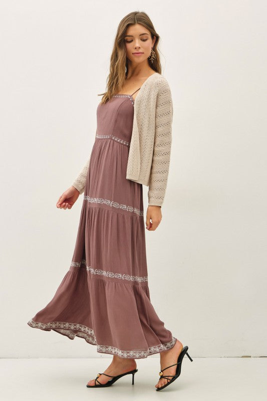 Dawn Embroidery Tiered Maxi Sun Dress Brown