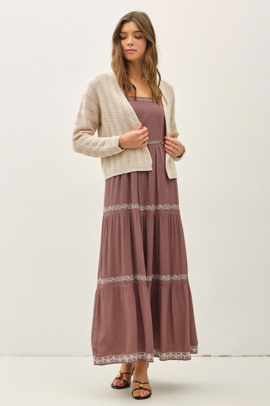 Dawn Embroidery Tiered Maxi Sun Dress Brown