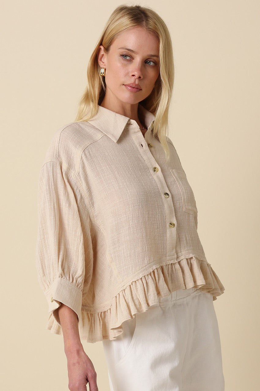 Nicole Cotton Oversized Button Front Ruffle Hem Top