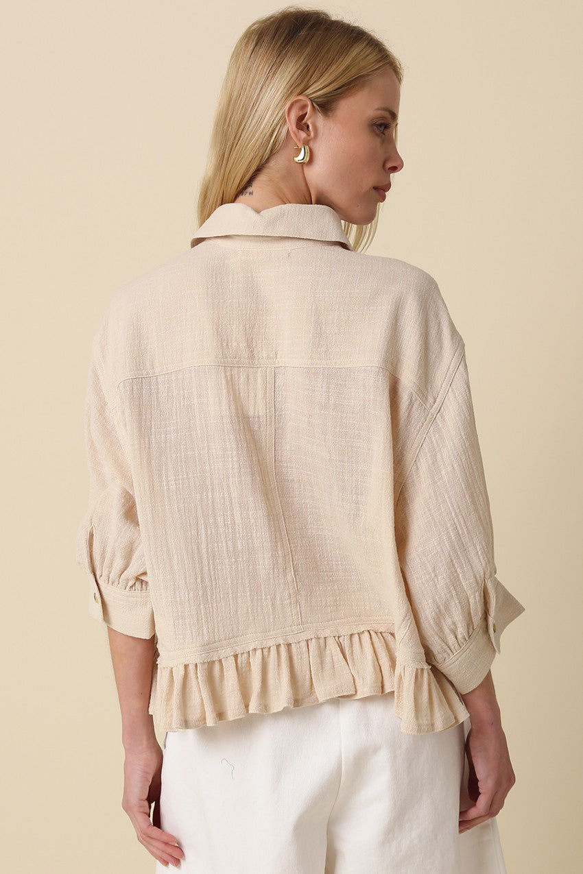 Nicole Cotton Oversized Button Front Ruffle Hem Top