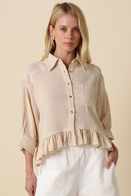 Nicole Cotton Oversized Button Front Ruffle Hem Top
