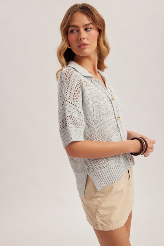 Reagan Oversized Crochet Button Down Slit Side Knit Polo Top Light Blue