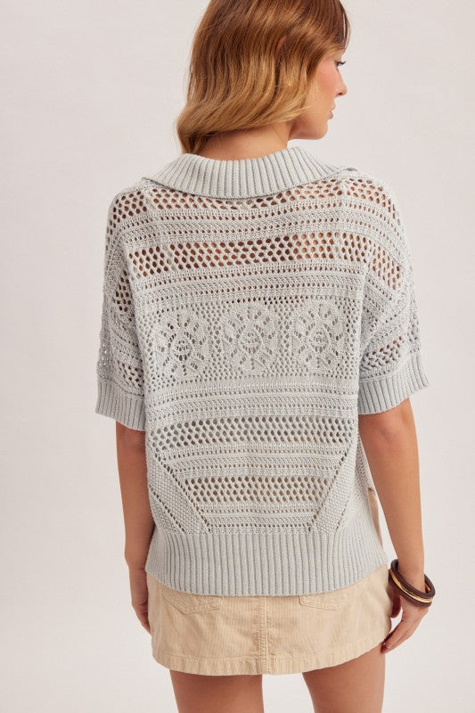 Reagan Oversized Crochet Button Down Slit Side Knit Polo Top Light Blue
