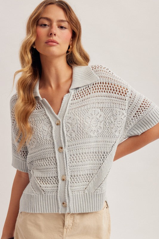 Reagan Oversized Crochet Button Down Slit Side Knit Polo Top Light Blue
