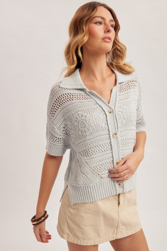 Reagan Oversized Crochet Button Down Slit Side Knit Polo Top Light Blue