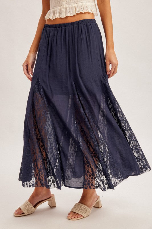 Chrissy Lace Insert Maxi Dress Elastic Waist Navy