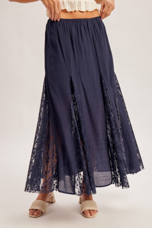 Chrissy Lace Insert Maxi Dress Elastic Waist Navy