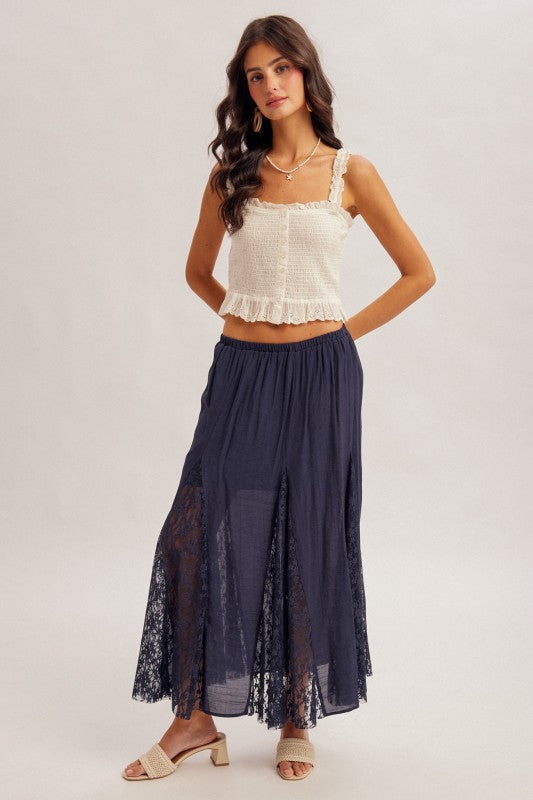 Chrissy Lace Insert Maxi Dress Elastic Waist Navy