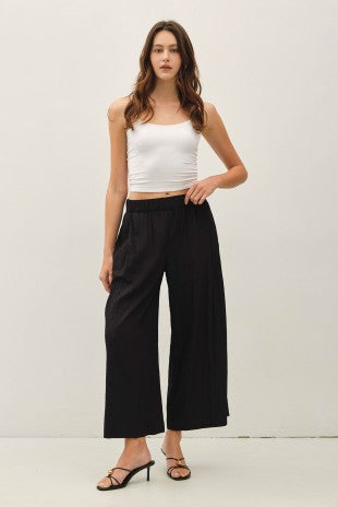 Rachel Crinkled Wide Leg Cropped Pull On Pants Black