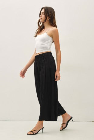 Rachel Crinkled Wide Leg Cropped Pull On Pants Black