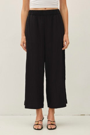 Rachel Crinkled Wide Leg Cropped Pull On Pants Black