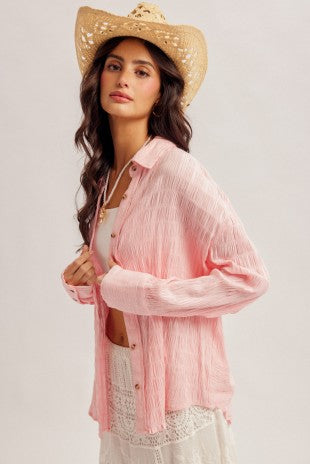 Pamela Textured Fabric Button Down Loose Fit Drop Shoulder Pink Shirt