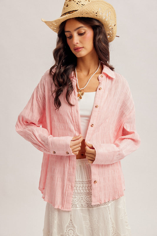 Pamela Textured Fabric Button Down Loose Fit Drop Shoulder Pink Shirt