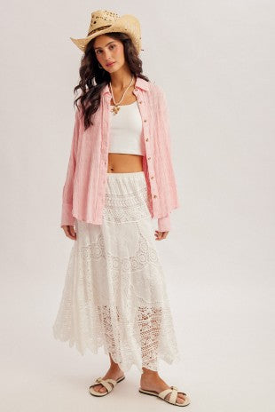 Pamela Textured Fabric Button Down Loose Fit Drop Shoulder Pink Shirt