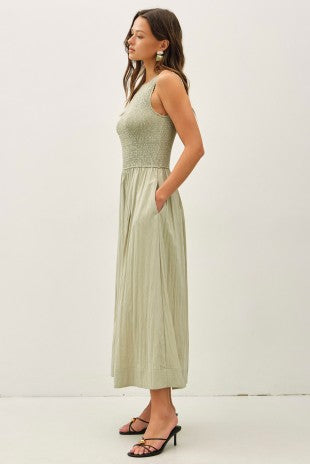 Deborah Smocked Bodice Boatneck Tank Maxi Dress Sage Green