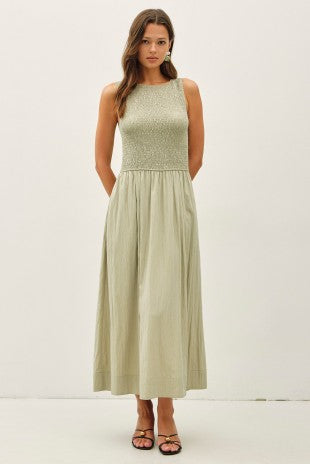 Deborah Smocked Bodice Boatneck Tank Maxi Dress Sage Green