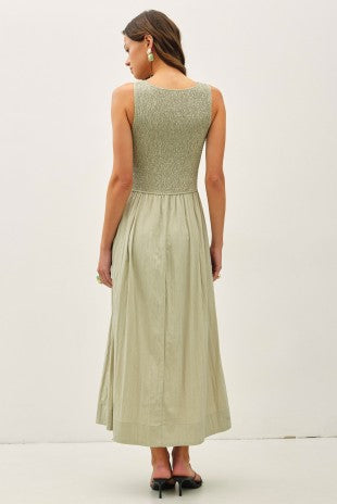 Deborah Smocked Bodice Boatneck Tank Maxi Dress Sage Green