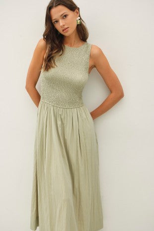Deborah Smocked Bodice Boatneck Tank Maxi Dress Sage Green