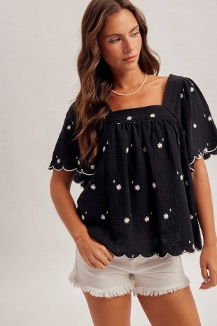 Daisy Embroidered Cotton Squared Neck Black Top