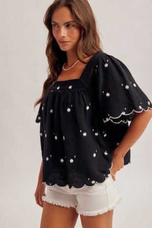 Daisy Embroidered Cotton Squared Neck Black Top