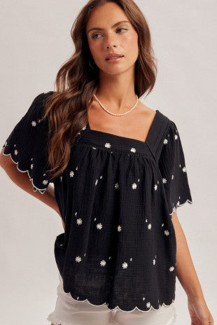 Daisy Embroidered Cotton Squared Neck Black Top
