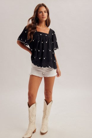 Daisy Embroidered Cotton Squared Neck Black Top